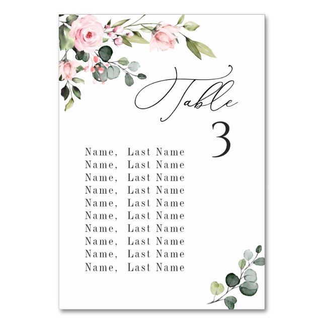 Eucalyptus Blush Roses Table Number Seating Chart (Front)
