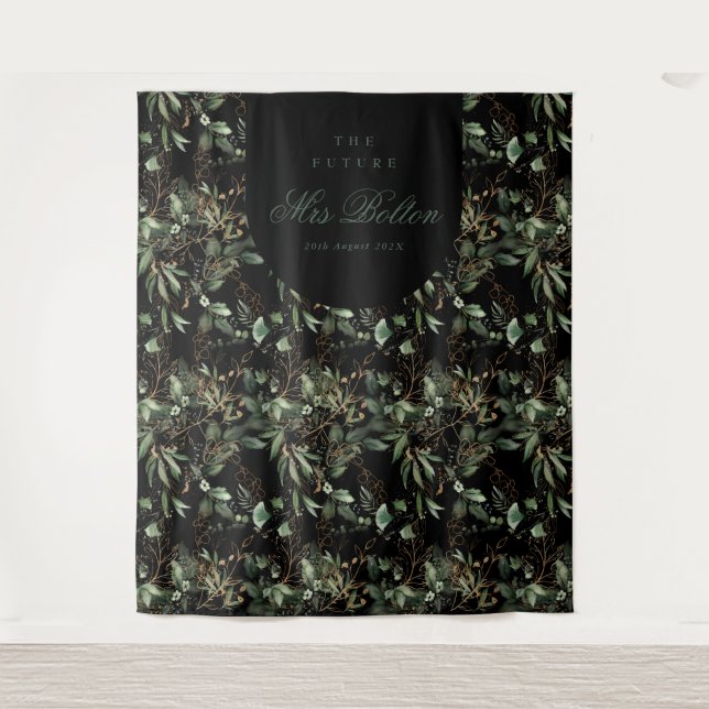Eucalyptus Boho Arch Black Bridal Shower Backdrop Tapestry (Front)