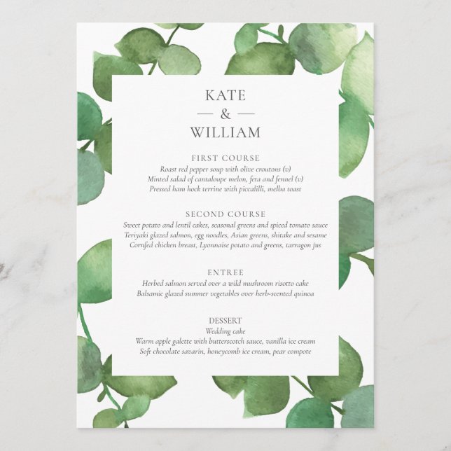 Eucalyptus Boho Vert Floral Mariage Menu (Devant)