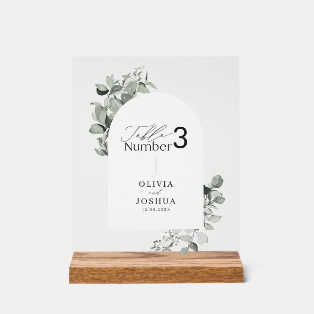 Eucalyptus botanical elegant table number wedding acrylic sign (Front)