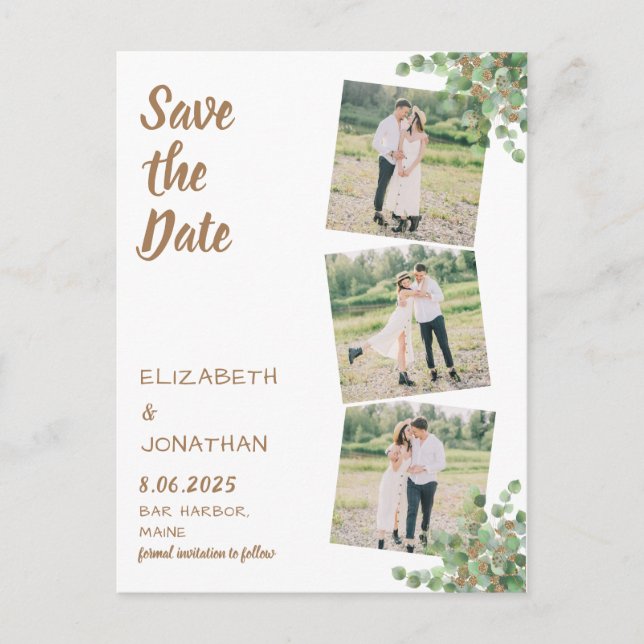 Eucalyptus Botanical Foliage 3 Photo Save The Date Postcard (Front)
