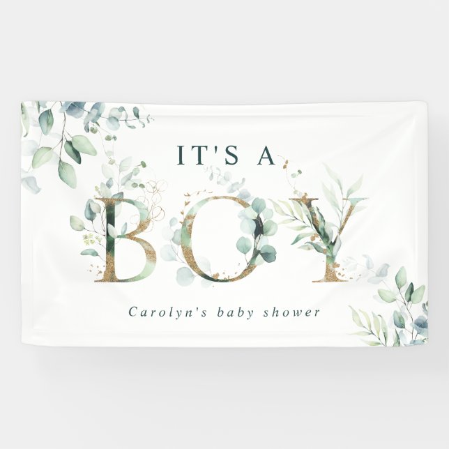 Eucalyptus Botanical Gold Letter Boy Baby Shower  Banner (Horizontal)