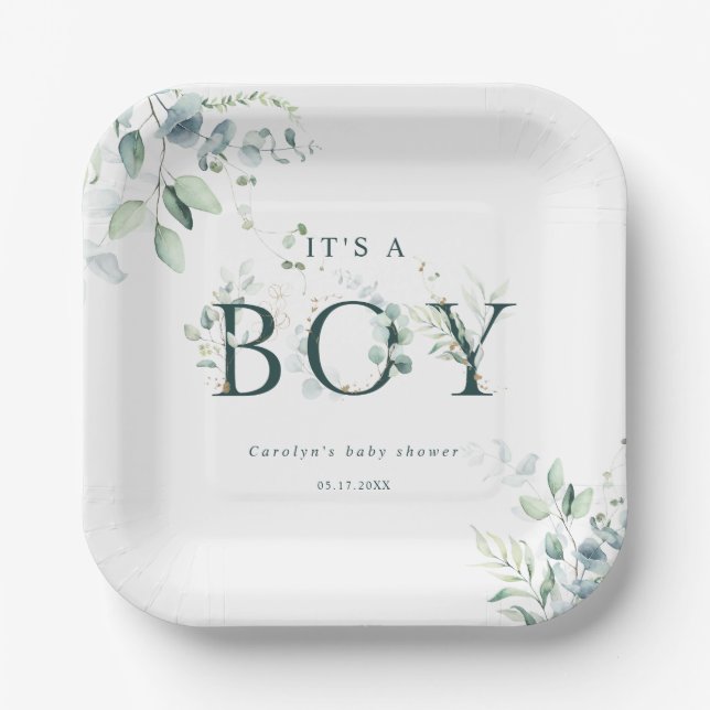 Eucalyptus Botanical Green Letter Boy Baby Shower Paper Plate (Front)