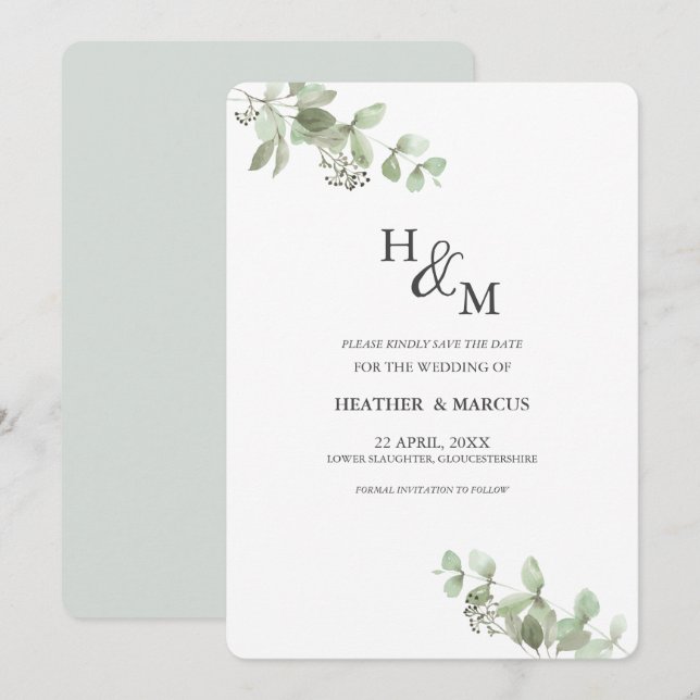 Eucalyptus Botanical Green Sophisticated Wedding S Save The Date (Front/Back)