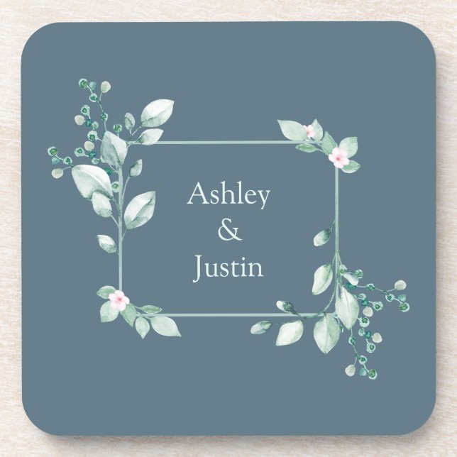 Eucalyptus Botanical Greenery Blue Coaster Set (Front)