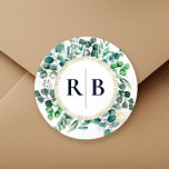 Eucalyptus Botanical Greenery Leaves Wedding Classic Round Sticker<br><div class="desc">Personalize your wedding stationery with this matching sticker featuring the couple’s initials and coordinating eucalyptus watercolor artwork. Perfect for sealing envelopes, favor packaging, or adding a finishing touch to your invitation suite, this sticker creates a cohesive and polished look throughout your wedding details. The timeless greenery design complements garden, rustic,...</div>