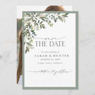 Eucalyptus Botanical Greenery Script Photo Wedding Save The Date