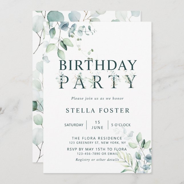 Eucalyptus Botanical Letter Birthday Party Invitation (Front/Back)