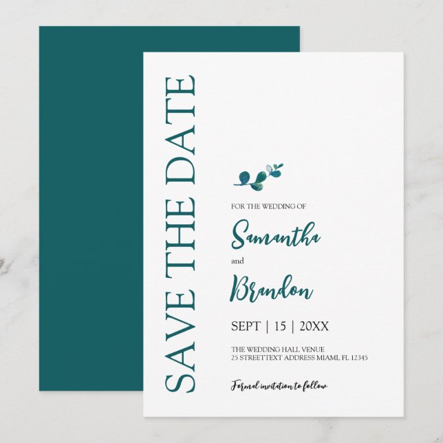 Eucalyptus botanical minimalist wedding save the date (Front/Back)