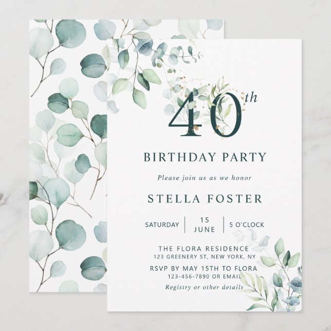 Eucalyptus Botanical Number 40th Birthday Party Invitation (Front/Back)