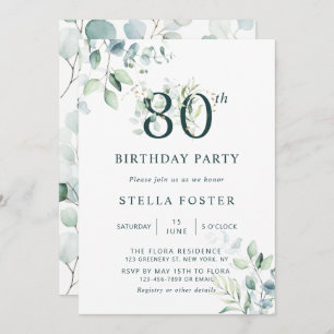 Eucalyptus Botanical Number 80th Birthday Party Invitation