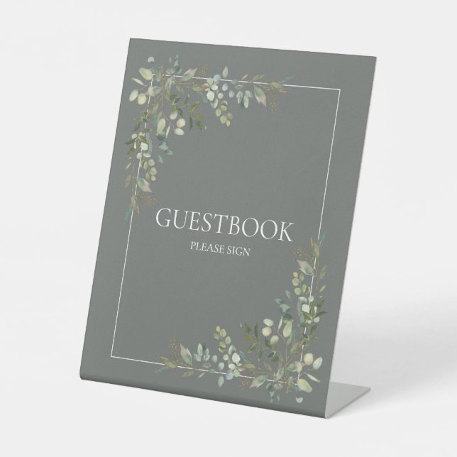 Eucalyptus Botanical Sage Green Guestbook Pedestal Pedestal Sign (Front)