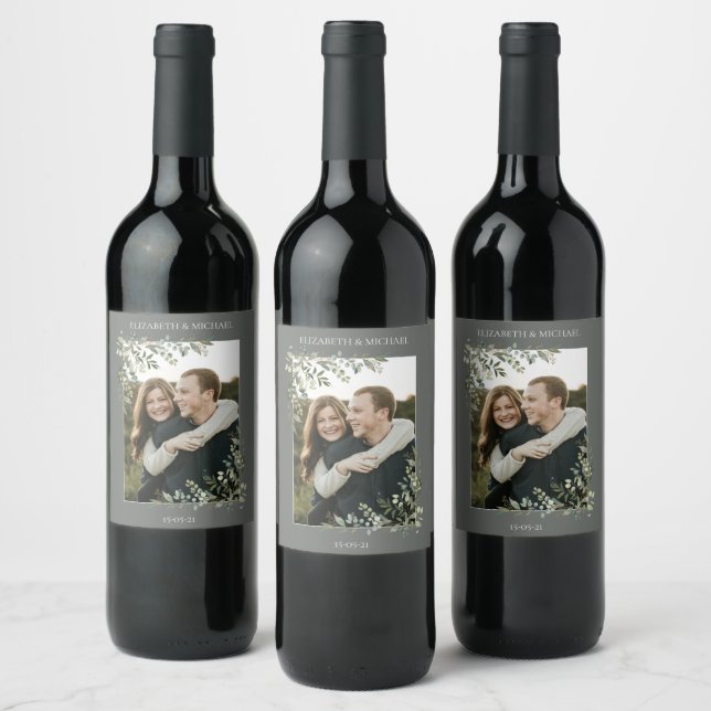 Eucalyptus Botanical Sage Green Photo Wedding Wine Label (Bottles)