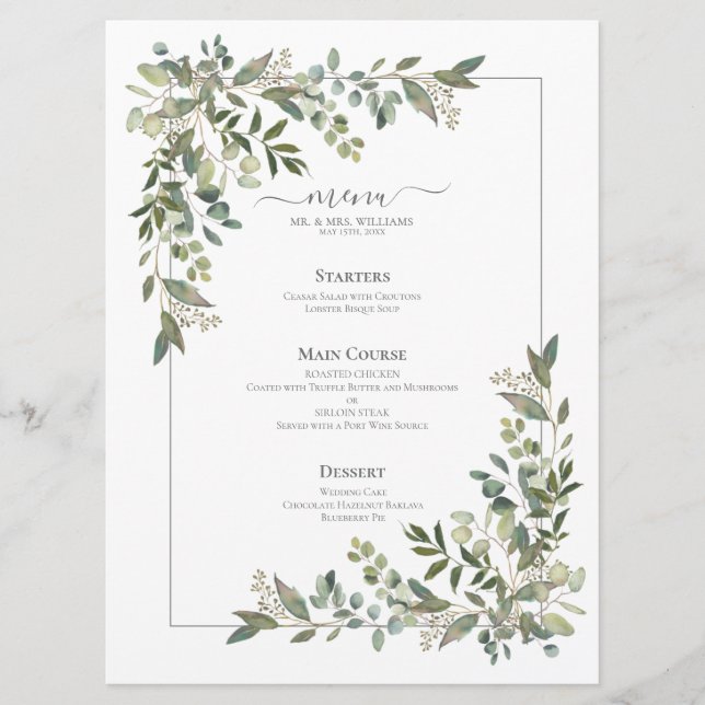 Eucalyptus Botanical Sage Green Wedding Menu (Front)
