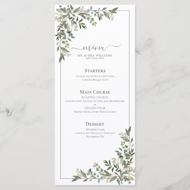 Eucalyptus Botanical Sage Green Wedding Menu (Front)