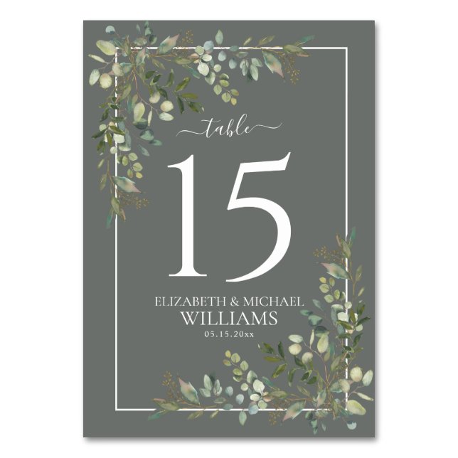 Eucalyptus Botanical Sage Green Wedding Table Numb Number (Front)