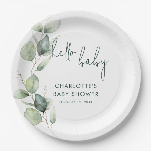 Eucalyptus Botanical Script Baby Shower Paper Plate (Front)