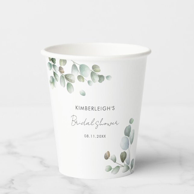 Eucalyptus Botanical Script Minimal Bridal Shower Paper Cups (Front)