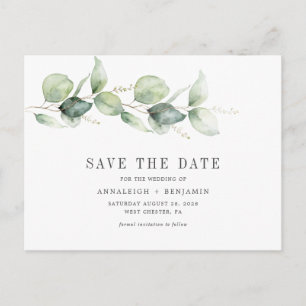  Eucalyptus Botanical Script Save the Date Announcement Postcard