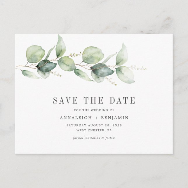  Eucalyptus Botanical Script Save the Date Announcement Postcard (Front)
