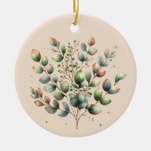 Eucalyptus botanical watercolor cream coloured ceramic ornament