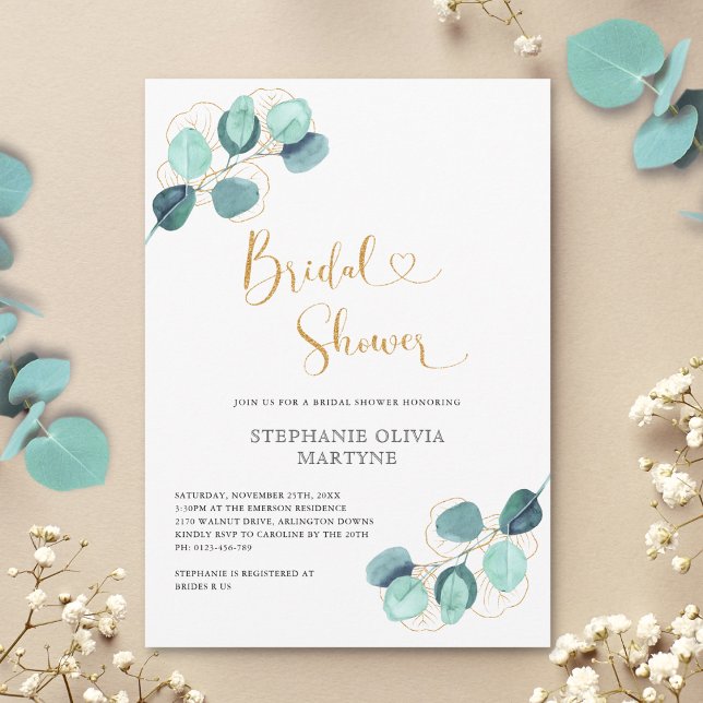Eucalyptus Botanical Watercolor Gold Bridal Shower Invitation (Creator Uploaded)