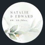 Eucalyptus  botanical wedding party favour classic round sticker<br><div class="desc">Etherial watercolor green elegant botanical foliage and metallic gold effect wedding party favour. With beautiful watercolor details. This modern wedding collection is sure to set the style for your big day.</div>