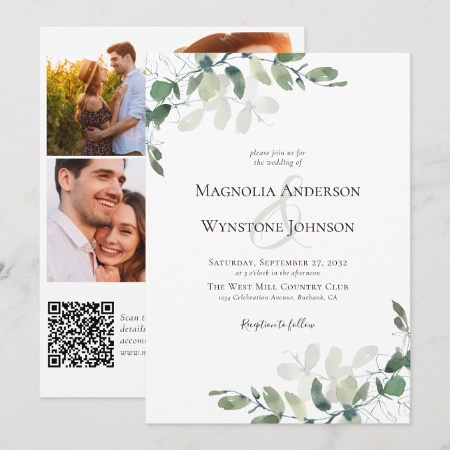 Eucalyptus Botanicals QR Code Photo Wedding Invita Invitation (Front/Back)