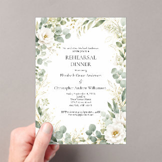 Eucalyptus Botanicals White Rose Rehearsal Dinner  Acrylic Invitations