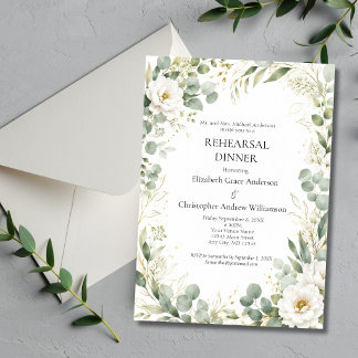 Eucalyptus Botanicals White Rose Rehearsal Dinner  Invitation
