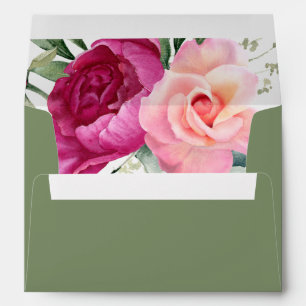 Eucalyptus branch and pink roses floral wedding envelope