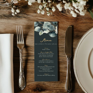 Eucalyptus branch dark green gold wedding menu