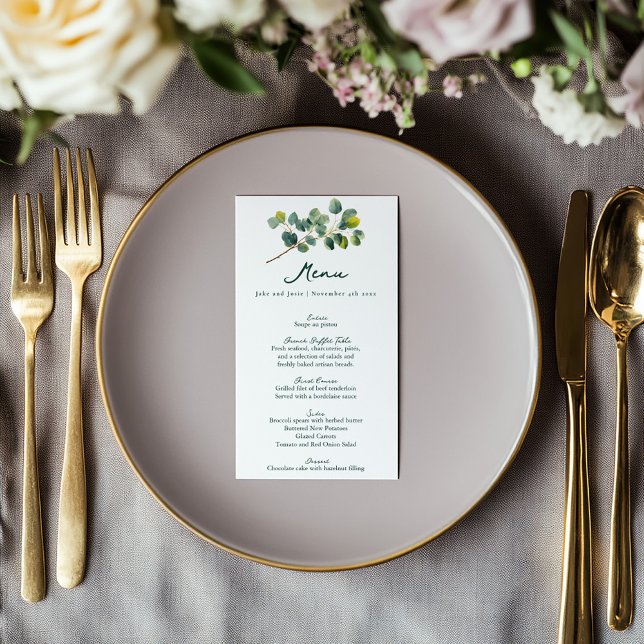 Eucalyptus branch green and white wedding menu (Eucalyptus greenery wedding menu card with elegant script and minimalist design.)