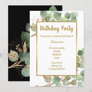 Eucalyptus Branch Green Gold Trim 2 Birthday Invitation