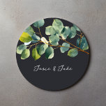 Eucalyptus branch green names wedding sticker<br><div class="desc">Elevate your wedding details with this beautifully designed sticker, featuring a graceful watercolor style illustration of a eucalyptus branch and lush green leaves. The elegant botanical motif creates a serene garden inspired look, while soft foliage accents and nuanced shades of green evoke natural sophistication and timeless romance. Personalize the sticker...</div>
