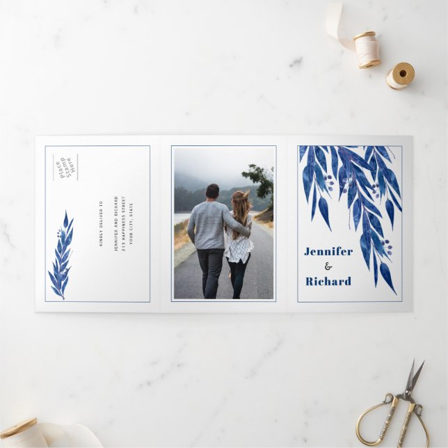 Eucalyptus branch in blue colour autumn wedding Tri-Fold invitation (Outside)