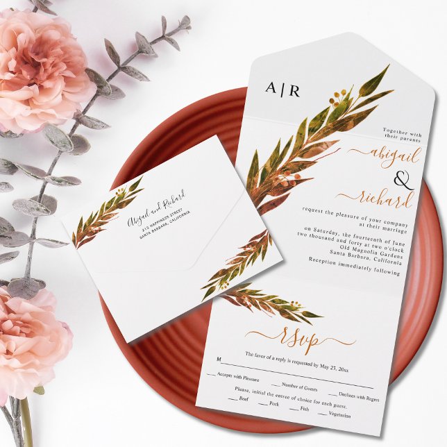 Eucalyptus branch in fall colours autumn wedding all in one invitation (Creator Uploaded)