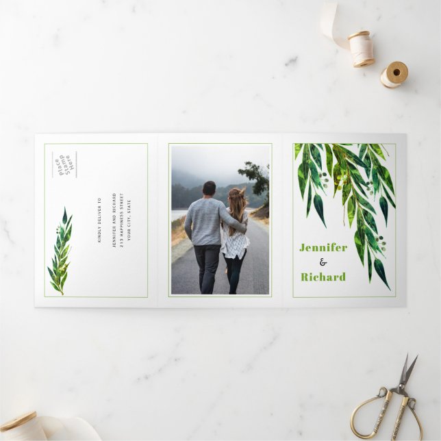 Eucalyptus branch in green colour autumn wedding Tri-Fold invitation (Outside)