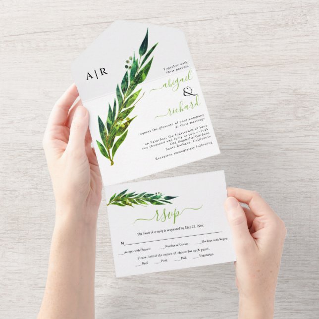 Eucalyptus branch in green tones wedding  all in one invitation (Tearaway)