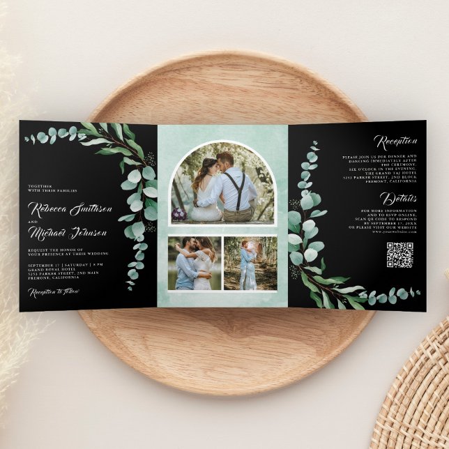 Eucalyptus Branch Photo QR Code Black Wedding Tri-Fold Invitation (Creator Uploaded)