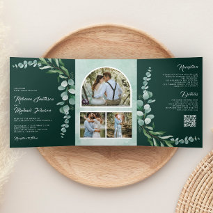 Eucalyptus Branch Photo QR Code Emerald Wedding Tri-Fold Invitation