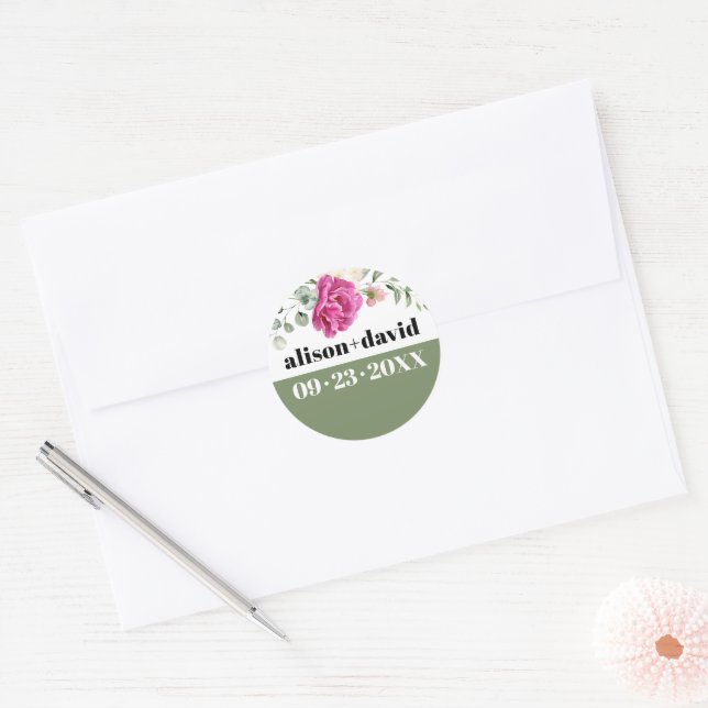 Eucalyptus branch pink rose white flowers wedding  classic round sticker (Envelope)