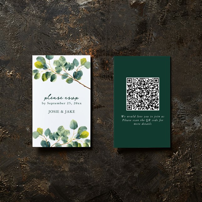 Eucalyptus branch wedding qr code rsvp enclosure (Modern eucalyptus leaf design on perfect for conveying a natural, fresh feel to your event.)