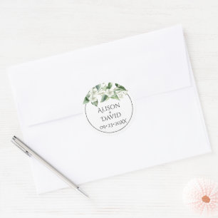 Eucalyptus branch, white flowers floral wedding classic round sticker