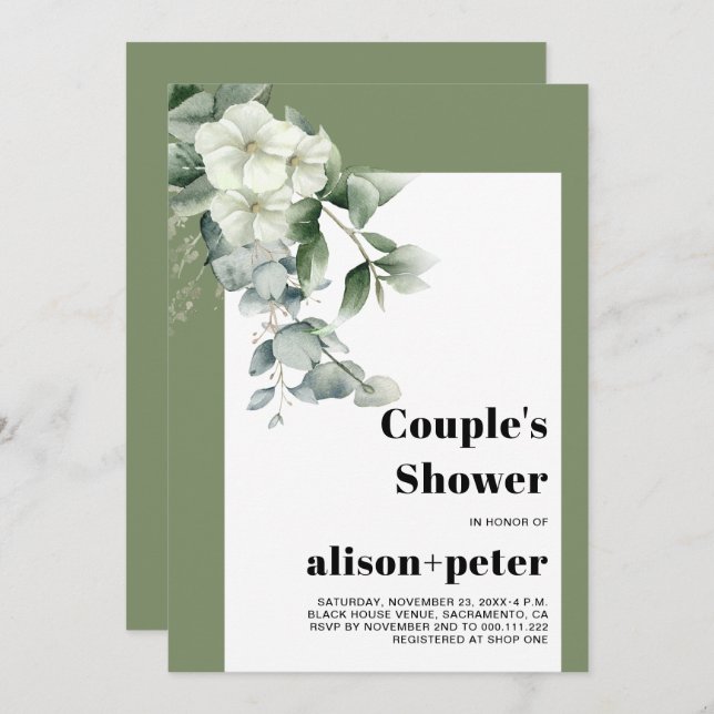 Eucalyptus branches, flowers couple's shower invitation (Front/Back)