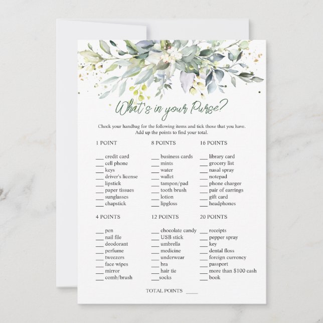 Eucalyptus Bridal Purse/Wedding Scramble Games Invitation (Front)