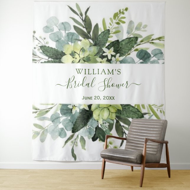 Eucalyptus Bridal Shower Chic Photo Booth Backdrop Tapestry (In Situ)