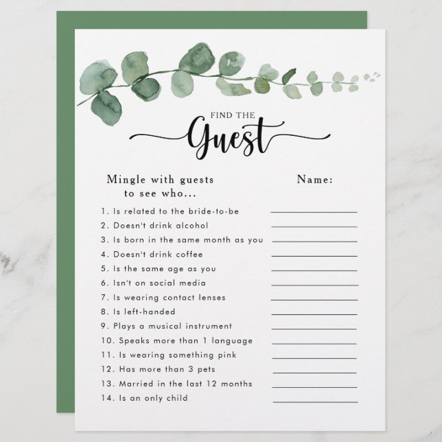 Eucalyptus Bridal Shower Find the Guest Game (Front/Back)