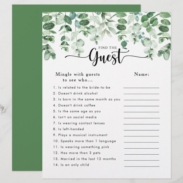 Eucalyptus Bridal Shower Find the Guest Game (Front/Back)