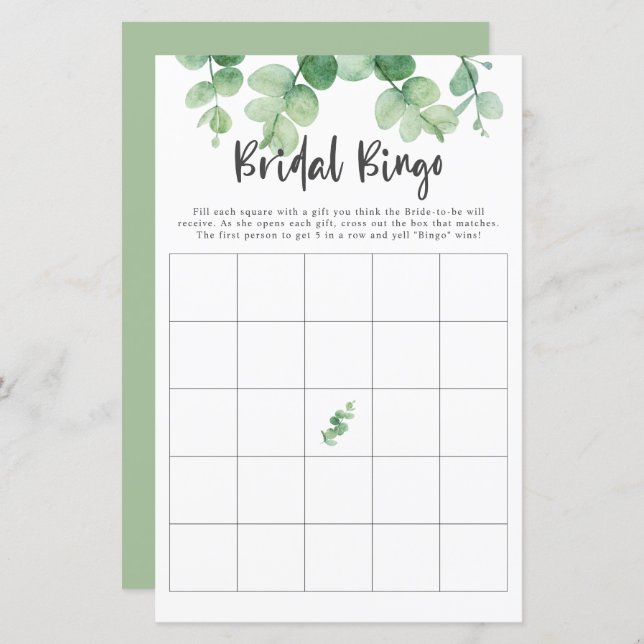 Eucalyptus Bridal Shower Game Bingo Greenery Chic (Front/Back)